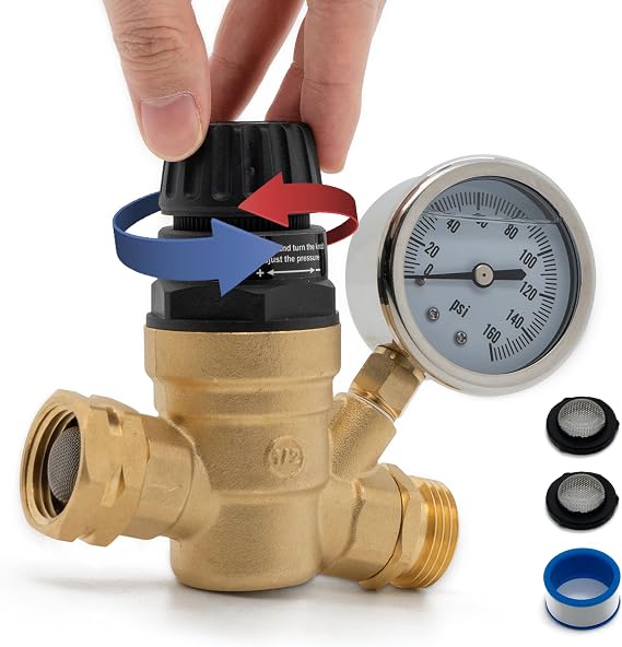 VANCOCO RV Water Pressure Regulator Valve with Gauge, 3/4" NH Thread 45-160 PSI Adjustable Pressure Water Regulator with Tool-Free Handle for RV Camper Travel Trailer