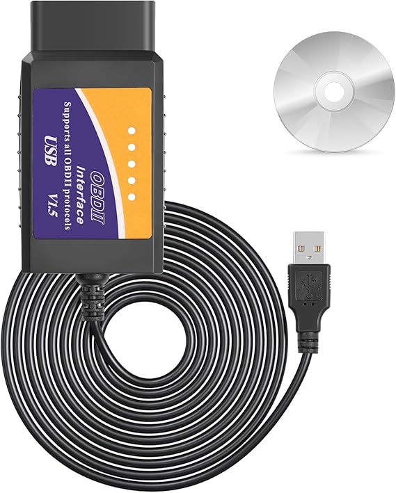 CERRXIAN ELM327 OBD2 USB Adapter OBD2 to USB Scanner Adapter OBDII Diagnostic Cable OBDii Scanner Code Reader Auto Car Professional OBDII Scan Tool with CD-ROM 1.5M/ 5FT