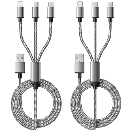 Multi Charger Cable, 3 in 1 Fast Charging Cord [2Pack 1.2M] 3A Multiple USB Cable Nylon Braided with Micro USB, Type C Lightning Connector for iPhone, Android Samsung S22 S20, Huawei, Nexus, Nokia,LG