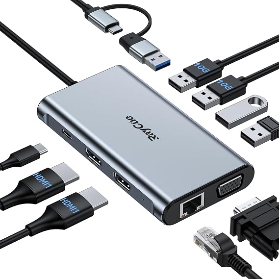 RayCue 9-in-1 USB C Docking Station Triple Display, 2X HDMI & VGA 4K Adapter, 10Gbps USB 3.1 Gen2, Gigabit Ethernet, 100W PD, 3 USB-A Ports for Windows/macOS Laptop (Dual Monitor Extended Mode)