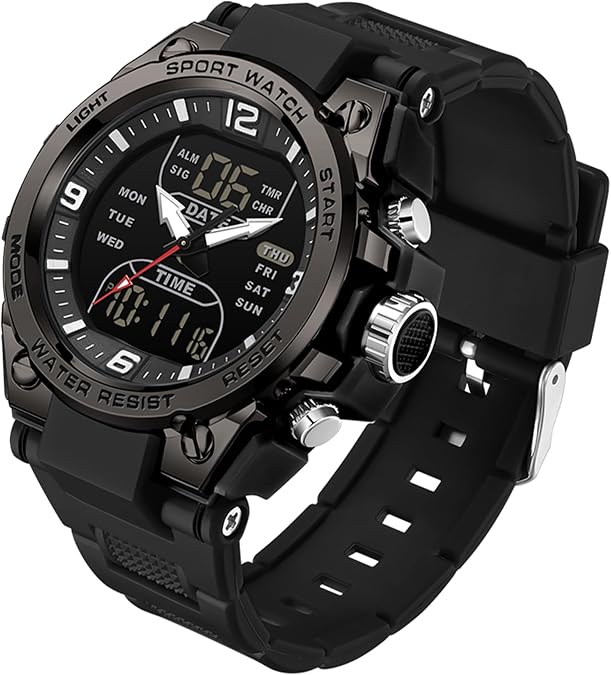 Mens Watch Digital Analog Watch Military Watches for Men with 3 Time Zones Tactical Sport 5ATM Waterproof Stopwatch Alarm LED Backlight Outdoor Adventure Wristwatch Silicone Strap Gift for Him