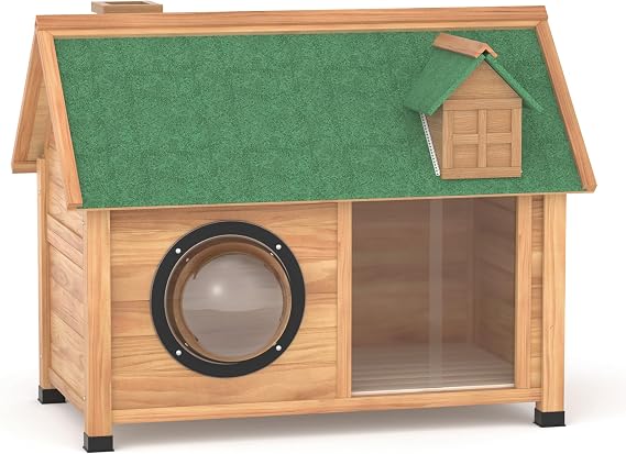Dog House Outdoor, Wooden Dog Crate with Upgraded Acrylic Dome Viewing Window & Insulated Liner Waterproof Dog Kennel Ventilation Durable Indoor Dog Shelter for Small Medium Dogs, Cat