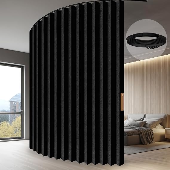 Jilron - Accordion Hanging Room Divider with Ceiling Rail, Foldable Divider Curtain, Easy to Install, 457 cm W x 274 cm L, 1 Unit, Black