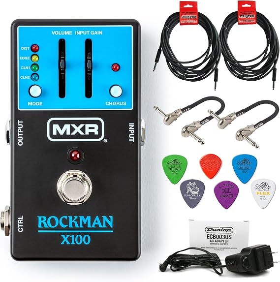 MXR Rockman MX100 Analog Tone Processor - Bundle with 2 Instrument Cables, 2 MXR Patch Cables and 6 Dunlop Picks