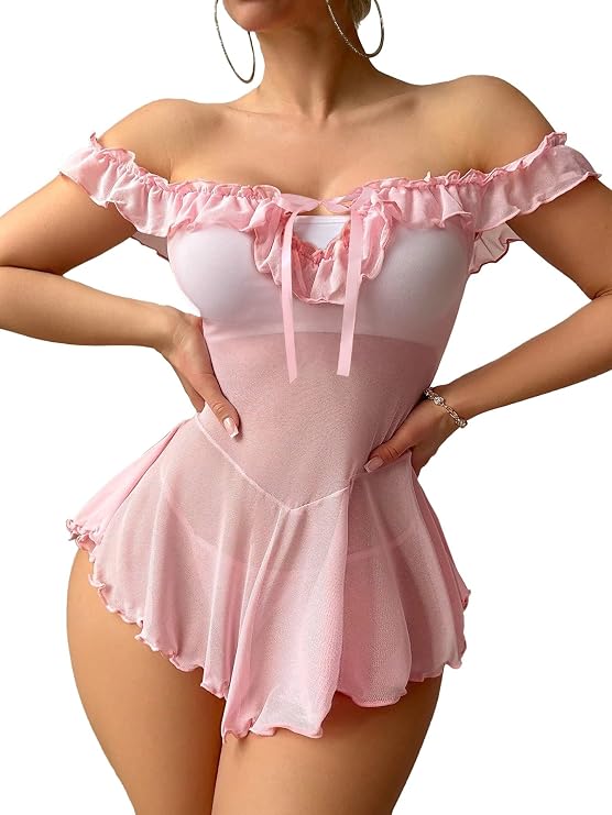 Mixxmix Women's Lingerie Off Shoulder Babydoll Dress Ruffle Top