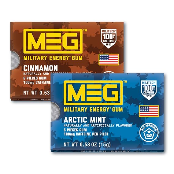 MEG (Military Energy Gum) - Cinnamon & Arctic Mint Bundle | Enhance Physical Performance -100mg of Caffeine Per Piece, Boost for Workouts, Alternative to Caffeinated Drinks | Pack of 12