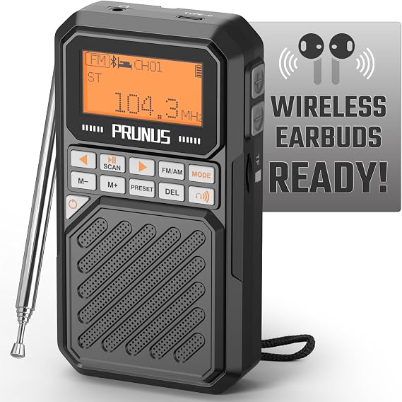 PRUNUS J525 Portable Radio AM FM with Bluetooth Earphone Output, Preset | Micro SD Playback Sequential Play, Bluetooth Speaker, 2500mAh Rechargeable, Headphone Jack, Sleep Timer
