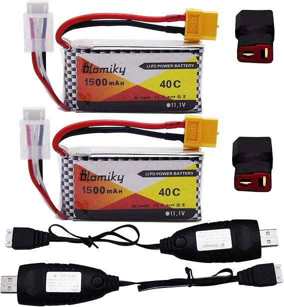 Blomiky 2 Pack 11.1V 3S 1500mAh Lipo Battery with XT60 Plug and 2 USB Cables Suitable for RC Car Drones Helicopter / 11.1V 1500mAh XT60 2