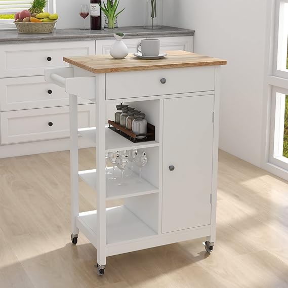 Small Kitchen Island Cart with Storage, Rolling Kitchen Island with Rubber Wood Top, Kitchen Island on Wheels with Drawer, Towel Rack, 3 Open Shelves and Cabinet for Kitchen, Dining Room (White)