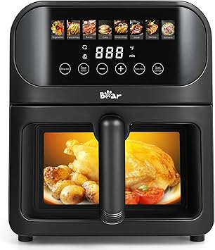 Bear Air Fryer, Stainless Steel Airfryer 8 Presets for Fast Family Meals, 6.4Qt Large Visible Window Temp Timer Adjustable Roast Bake Crisp French Fries Steak, Non Stick Basket Dishwasher Safe
