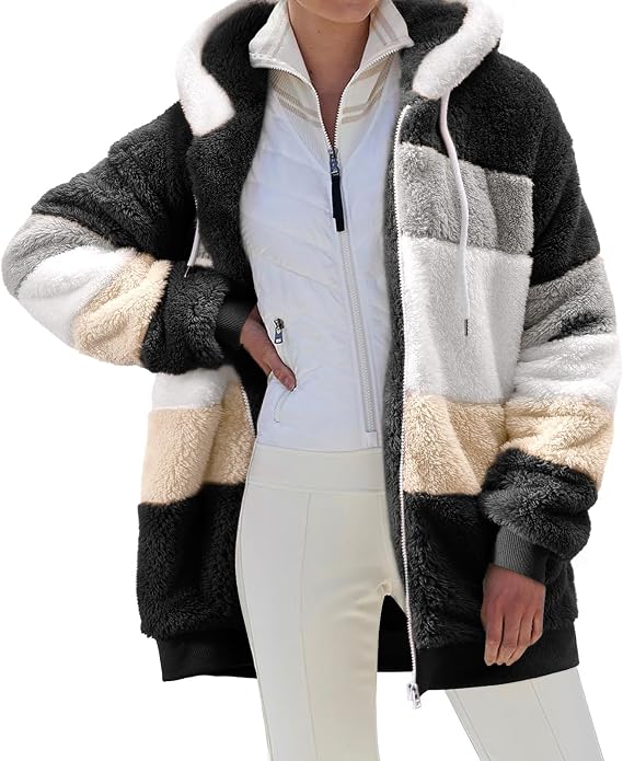 CMTOP Womens Teddy Hoodies Fleece Coats Winter Warm Sherpa Jacket Full Zip Up Hooded Cardigan Fuzzy Sweatshirt Long Sleeves Plush Fluffy Oversized Hoodie Outwear with Pockets, Drawstring