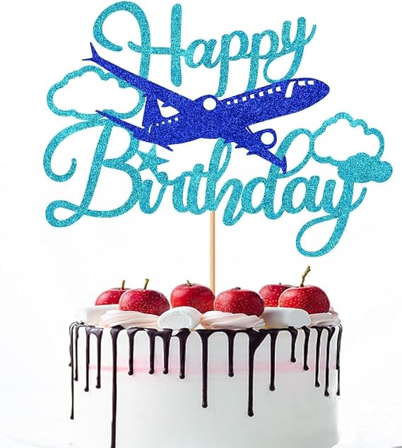 Confetti! Happy Birthday Glitter Airplane Cake Topper | Airplane Birthday Party Decorations | Adventure Awaits | Boys Girls Men | Plane Travel Airman Theme | Kids Birthday Baby Shower Party
