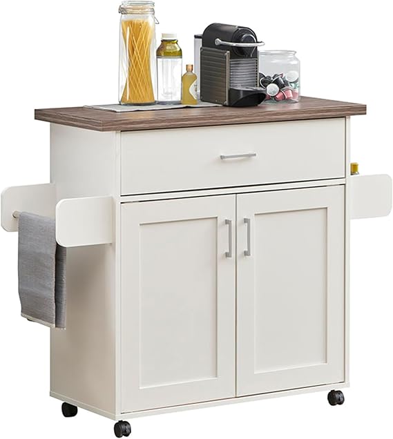 Techni Mobili Mobile Kitchen Island Cart with Water Resistant Top, White