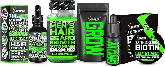 Beard Growth Kit w/ 2X Thickening Biotin Balm & Mustache Wax + Hair Growth Vitamins for Men + Grow XXL Beard Oil for Men + 6X Liquid Biotin with Collagen Peptides - Formulated in America