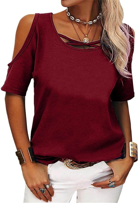 DGKaxiyaHM Womens Cold Shoulder Cross T-Shirt Short Sleeve Round Neck Tunic Solid Color Casual Blouses