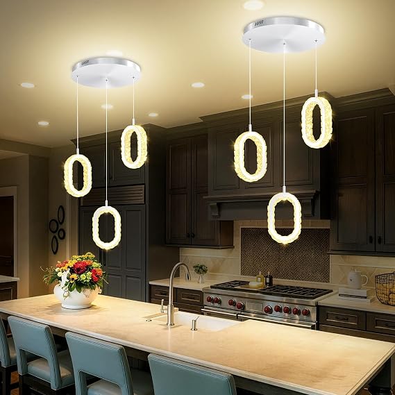 Modern LED Ring Chandelier Dimmable Crystal Ring Pendant Light for Kitchen Island Crystal Ring Chandelier for Dining Room Bedroom Living Room 3-Light Silver