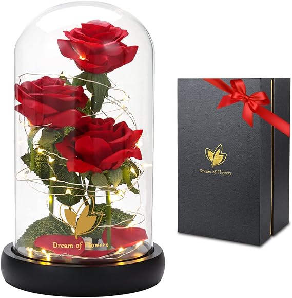 Women Gift Idea Birthday,Unique Gifts for Mom,Beauty and The Beast Rose in Glass Dome With 2 Lights Mode, Birthday Gifts for girlfriend,Wife,Anniversary Red Silk Rose Flower Gifts for Women