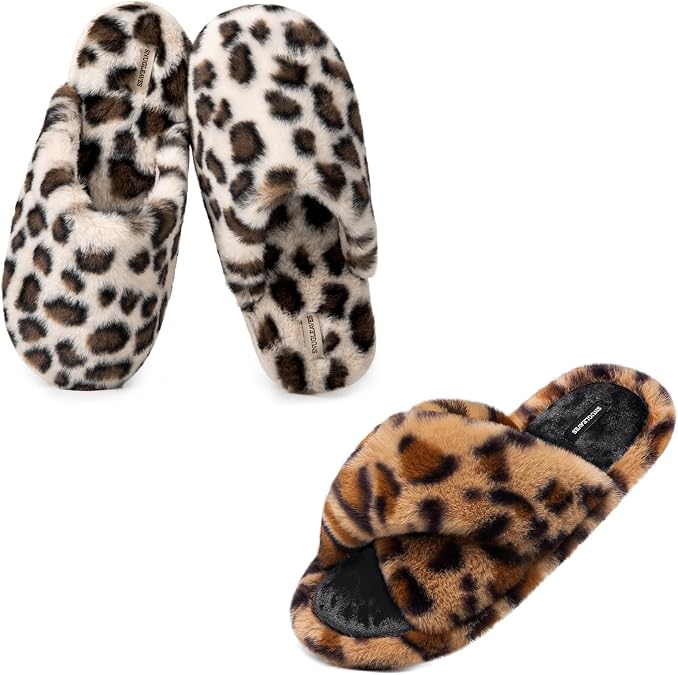 Snug Leaves Womens Slippers of 2 Pairs - Soft Fuzzy Comfy (Size7-8, Beige) - Fluffy Cross Band Open Toe (Size7-8, Brown)