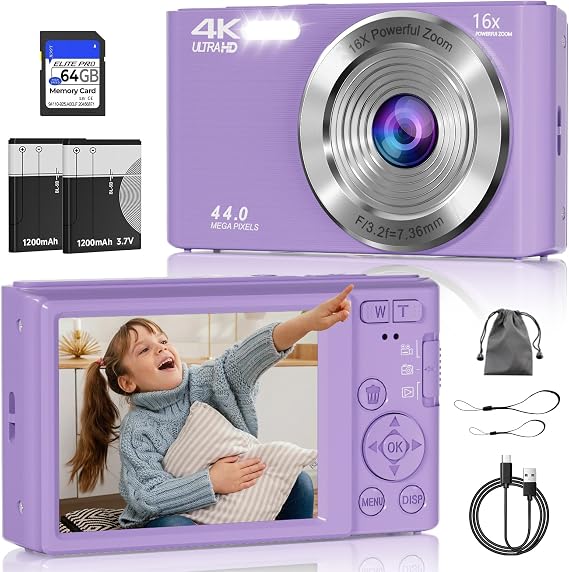 Digital Camera, FHD 4K Compact Cameras with 64GB SD Card 2 Batteries, Portable Travel Digital Camera with 16X Autofocus Digital Zoom Small Camera for Teens Kids Boys Girls, Dark Purple