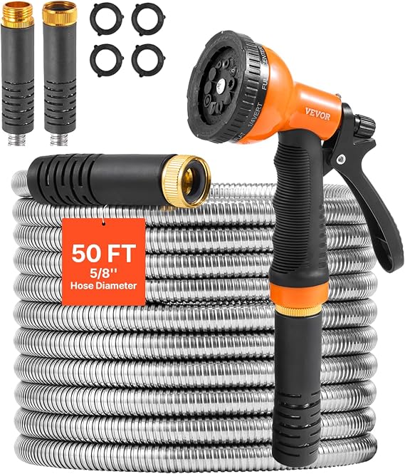 VEVOR Garden Hose Metal 50FT Heavy Duty Stainless Steel Water Hose, Flexible, No Kink & Tangle, Puncture Resistant & Rust Proof, Lightweight w/ 10-Function Spray Nozzle for Yard, Outdoor, Gardening