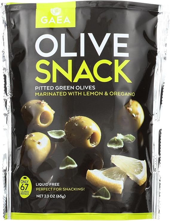 Gaea Olives - Green - Pitted - with Oregano and Lemon - Snack Pack - 2.3 oz - case of 8