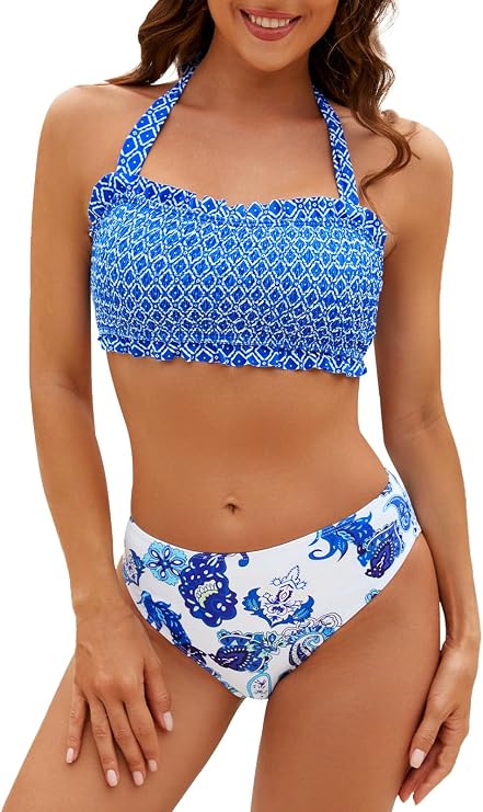 Adigaber Women Bikini Set Push up Smocked Top Halter Ruched 2 Piece Swimsuit with Mid Waisted Bottom
