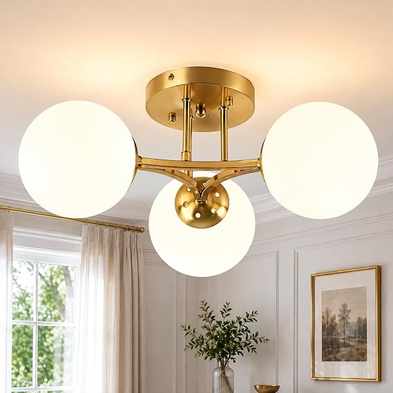 Bagood 3 Lights Globe Mid Century Ceiling Light Modern Semi Flush Mount Ceiling Light Sputnik Chandeliers with Milk Glass Shade Gold Chandeliers for Living Room Dining Room Bedroom