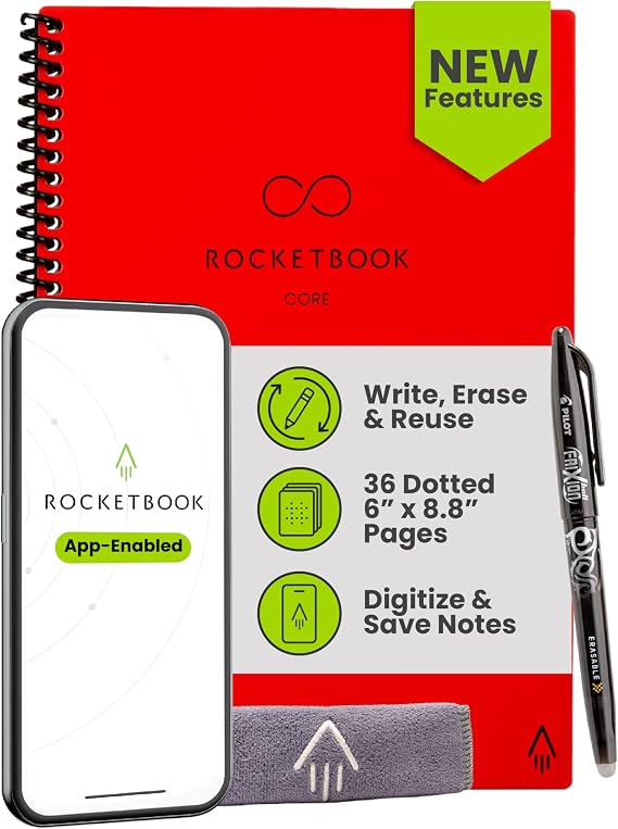 Rocketbook New Core Reusable Spiral Notebook, Executive Size 6x8.8, Red