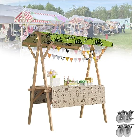 Wooden Vendor Food Push Cart Commercial Hot Dog/candy/Ice Cream/Snacks Concession Stand Booth Vending Stalls Push cart for business(Green,150cm/59.1in)
