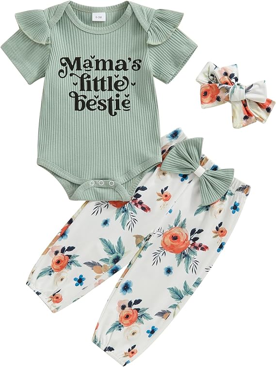 Mamas Little Bestie Baby Girl Outfit Newborn Short Sleeve Romper Floral Pants Outfits Headband 3Pcs Clothing Set