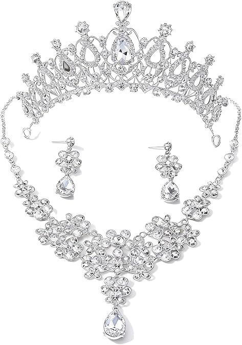 Elegant Rhinestone Tiaras Crown for Women, Queen Crown Jewelry Set Necklace Earring Princess Quinceanera Wedding Birthday Prom Pageant Party Ceremony Photo Props (Silver-2)
