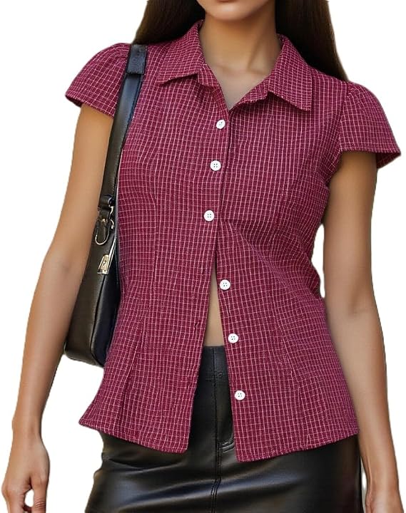Women Short Sleeve Button Down Shirt Y2K Plaid V Neck Slim Fit Cropped Blouse Vintage Coquette Going Out Tops