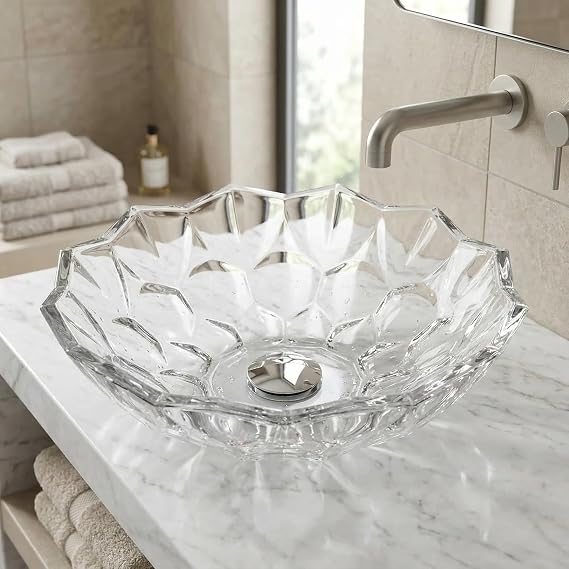 InArt PrismCut Transparent Glass Vessel Sink - Geometric Design Glass Vanity Top | Modern Crystal Glass Basin | 18.1 x 18.1 x 4.8 Inches