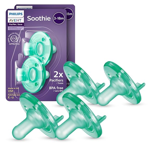 Philips Avent Soothie Baby Pacifier for 3-18 Months, BPA-Free, 4-Pack | Supports Natural Suckling, Medical Grade Silicone for Easy Hospital-Grade Sterilization, One-Piece Design, Green, SCF192/45