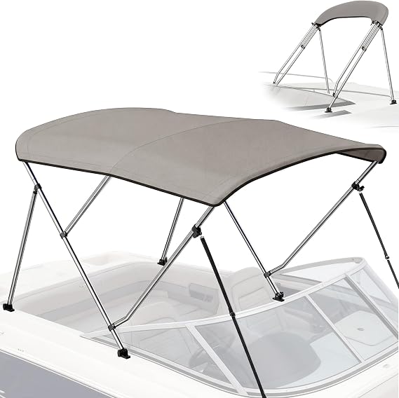Bimini Top for Boats - 900D Waterproof & UV-Proof Polyester Sun Shade Boat Canopy with Zippered Storage Boot, 2 Rear Poles, 4 Adjustable Straps, Boat Bimini Top Gray (3 Bow 6'L x 46"H x 61"-66"W)