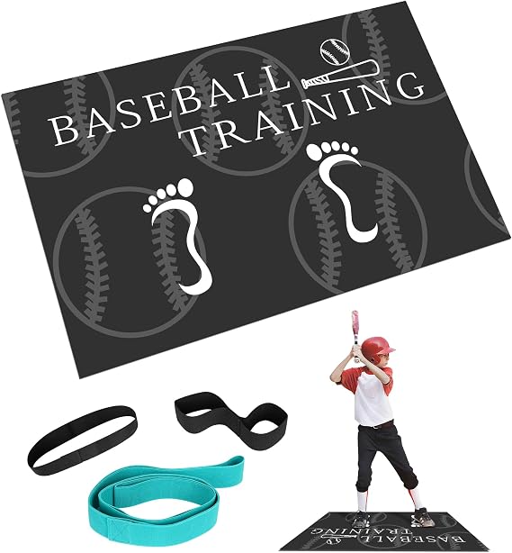 Baseball Hitting Mat, Baseball & Softball Batting Training Mat with Swing Trainer Bands, Portable Non-Slip Baseball Training Equipment for Swing & Stance Practice Indoor/Outdoor