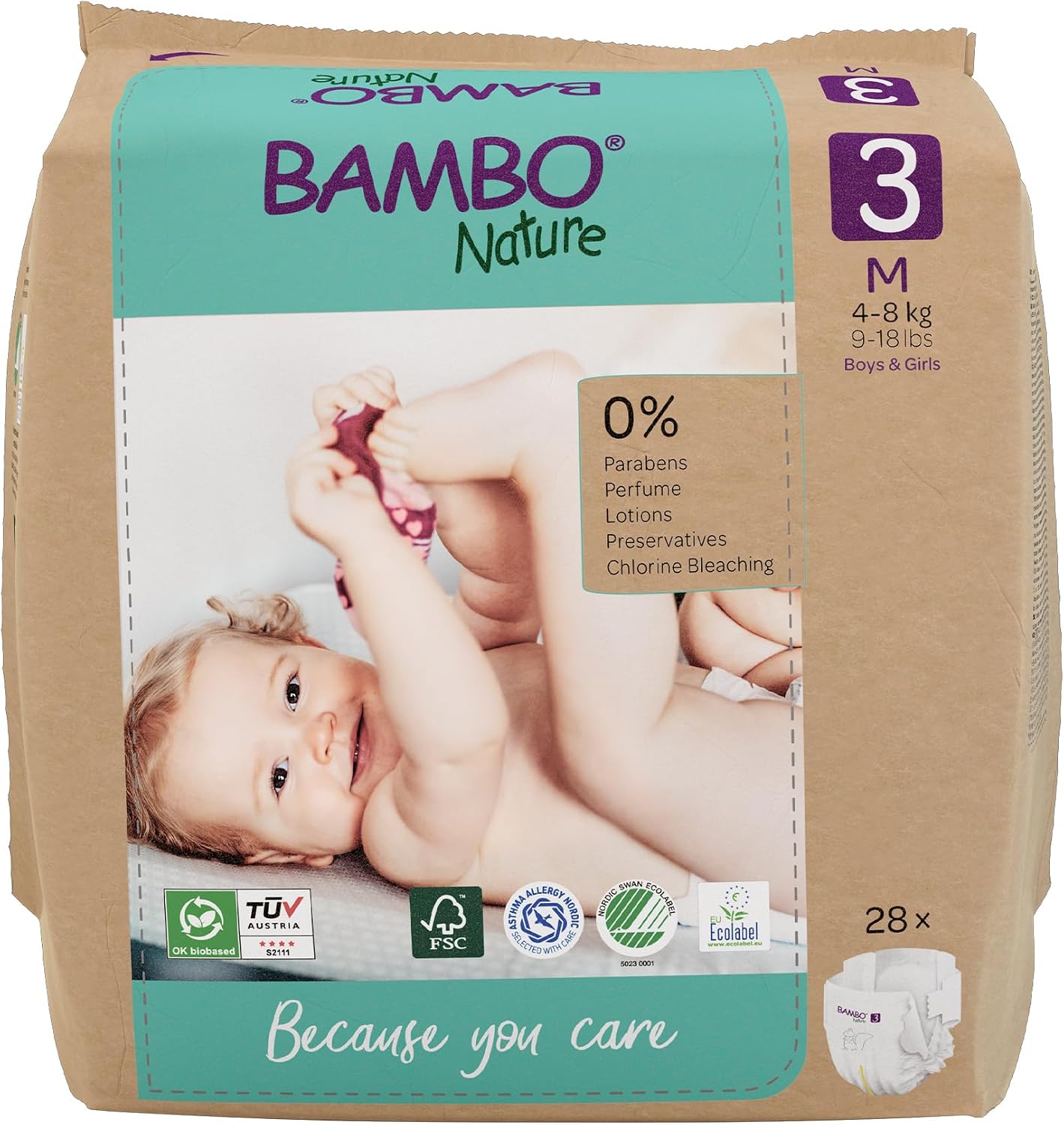 Bambo Nature Premium Eco Nappies, Size 3 9-18lb4-8kg, Midi, 28PK, Eco-Labelled Sustainable Nappies, Enhanced Leakage Protection, Secure and Comfortable Baby Nappy