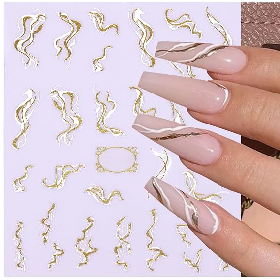 Nail Art Stickers Decals 3D Self-Adhesive, Gold Line Acrylic Nail Supplies Accessories for Women Nail DIY Design Decoration