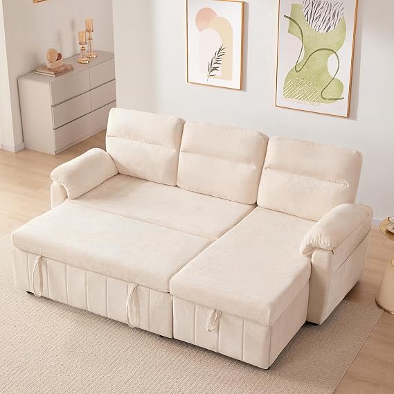 Tbfit Sleeper Sofa Couch with Pullout Bed with USB & Storage Chaise, Chenille Convertible Sleeper Sofa, Pull Out Sofas for Small Spaces, Beige