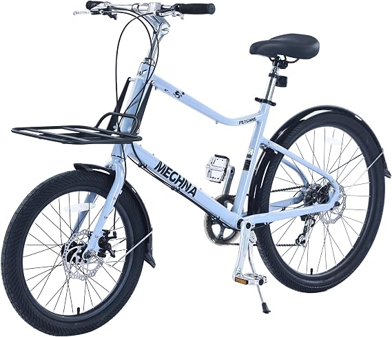 Front 20" & Rear 26" City Hybrid Bike Cruiser Bicycle Mountain Bike with Shiman o 7-Speed Shifter, Double Disc Brakes & Adjustable Stem & Adjustable Leather Saddle, Steel Front Rack, 3 Colors