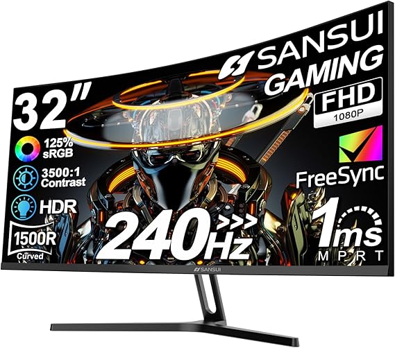 SANSUI 32 Inch Curved 240Hz Gaming Monitor High Refresh Rate, FHD 1080P | Gaming PC Monitor HDMI DP1.4, 1500R Curvature, 1Ms MPRT, HDR,Metal Stand,VESA Compatible(DP Cable Incl.)