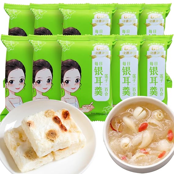 Wanhua Hall Snow Fungus Soup with Lotus Seed & Lily Buds Freeze Dried 5.64 oz/160g (10 packs x16g) 1-Minute Chinese Food White Fungus Soup Quick-Cook Breakfast Non GMO, Vegan