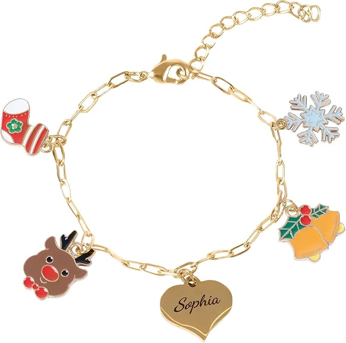 Personalized Kids Christmas Charm Bracelet, Custom Name Bracelet, Pendant Bracelets with Reindeer, Stocking, Snowflake, Bell, Ideal Christmas Gift