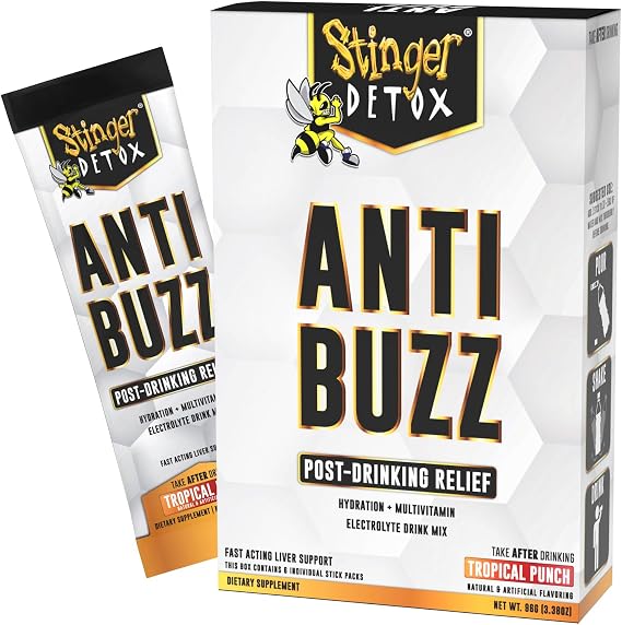 Stinger Detox Anti-Buzz Post-Celebration, Hydration & Multivitamin Packet Drink Mix | DHM, VIT. B Complex, Riboflavin, Niacin + Electrolytes | Tropical Punch 1 Pack (6 Servings)
