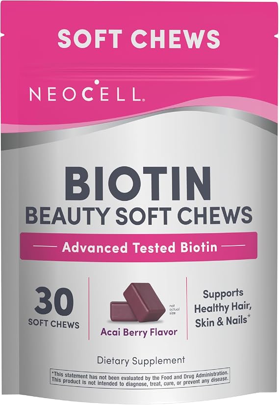 NeoCell Biotin Beauty Soft Chews | 30 Chewables | 10000mcg | Hair, Skin & Nails | Acai Berry Flavor