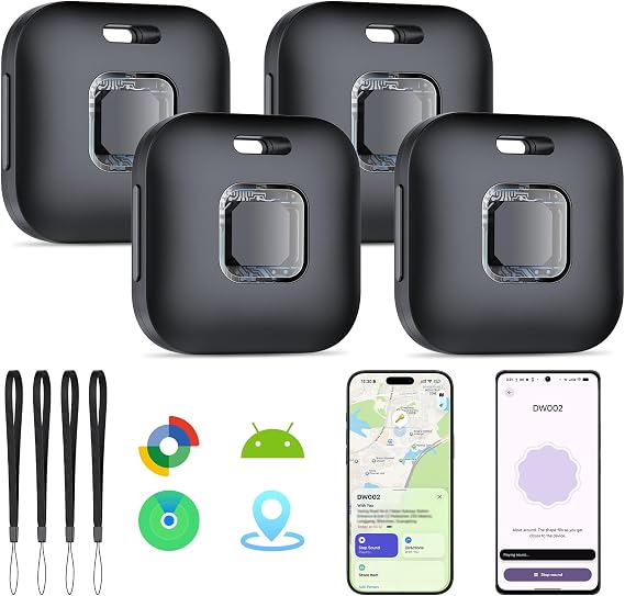 Hoxe Dual System (iOS & Android) Air Tracker Tags 4 Pack (Black), 2026 New Key Finder Tracker Tag Work with Apple Find My & Google Find Hub App, Smart Tag Suitable for Key, Bag, Luggage, Pet, Car, etc