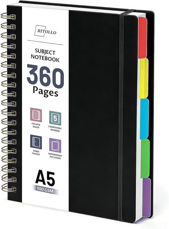 RITOLLO 360 Pages A5 Spiral Notebook with 5 Compartments Ruled College Style 100GSM Thick Paper Large Notebook with Removable Dividers for School Office Study and Work (Black)