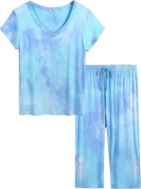 Joyaria Bamboo Viscose Pajamas for Women Cooling Lightweight PJs Set S-XXL | Short Sleeve, Capri Pants, V-Neck, Moisture Wicking, Breathable Sleepwear