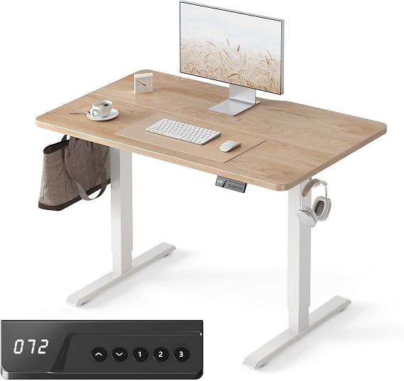 FEZIBO Electric Standing Desk 100 x 60 cm, Height Adjustable Sit Stand Desk with 3 Memory Presets, Home Office Computer Desk, White Frame with Oak Top