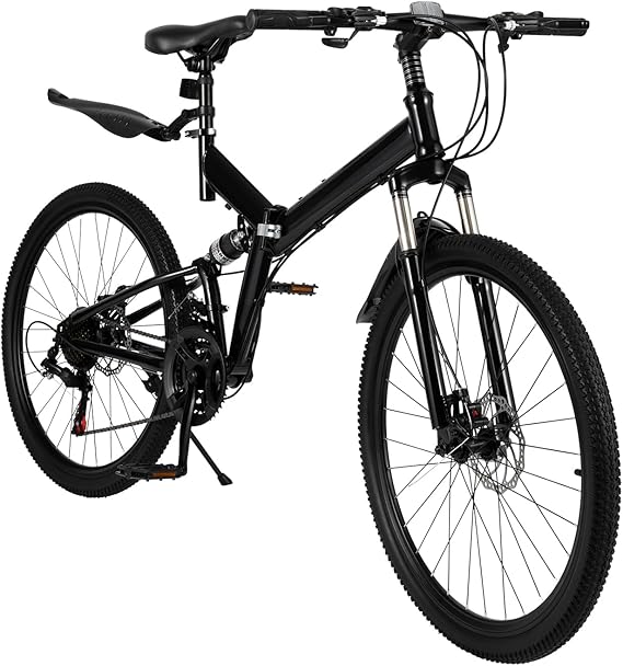 Folding Mountain Bike, 26’’ Folding Mountain Bike 21 Speed Full Suspension High-Carbon Steel Frame Portable Bicycle, Foldable Bikes for Youth/Adult/Men/Women, Black (Black-26in&21Speed)